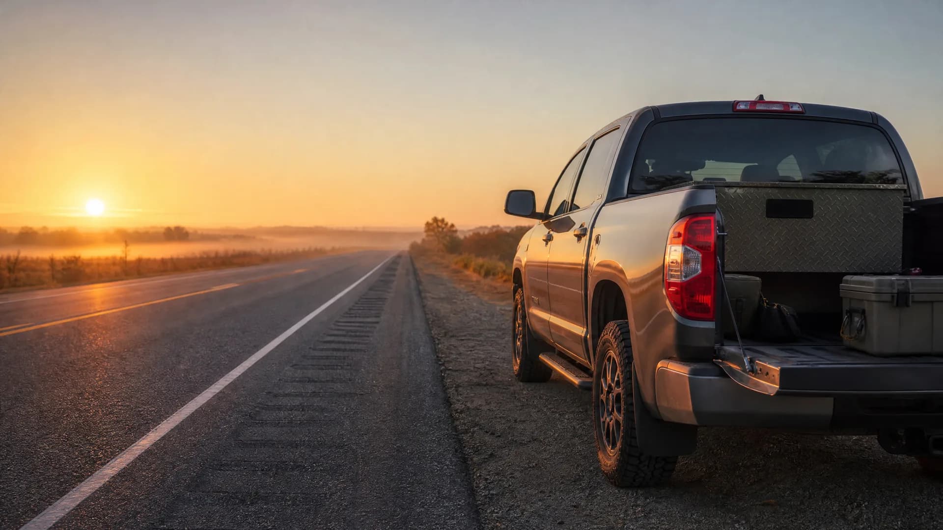 A gray crew-cab pickup truck with a toolbox and gear in its bed parked on the gravel shoulder of a two-lane road at sunrise, with flat misty fields in the background.