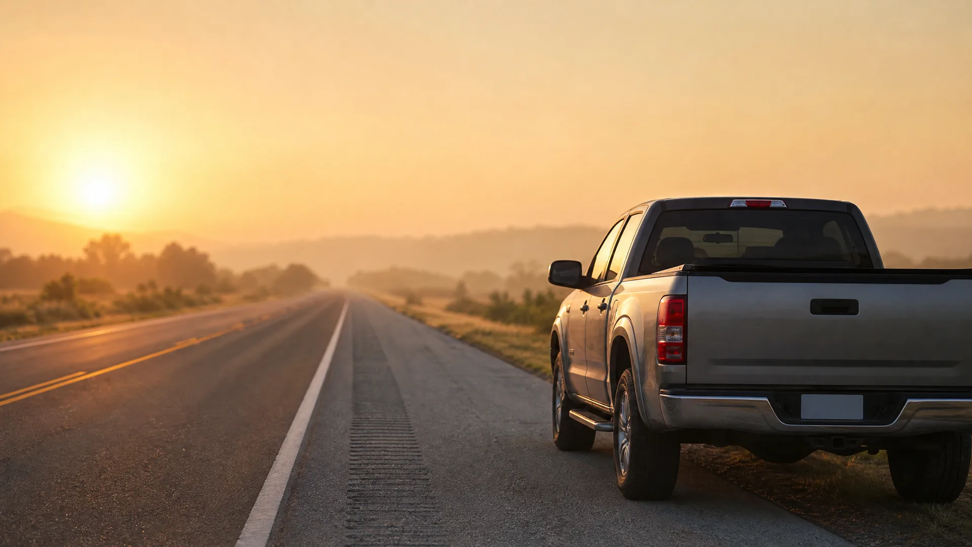 A silver pickup truck parked on the shoulder of a two-lane rural road at sunrise or sunset, with low hills and haze in the background.